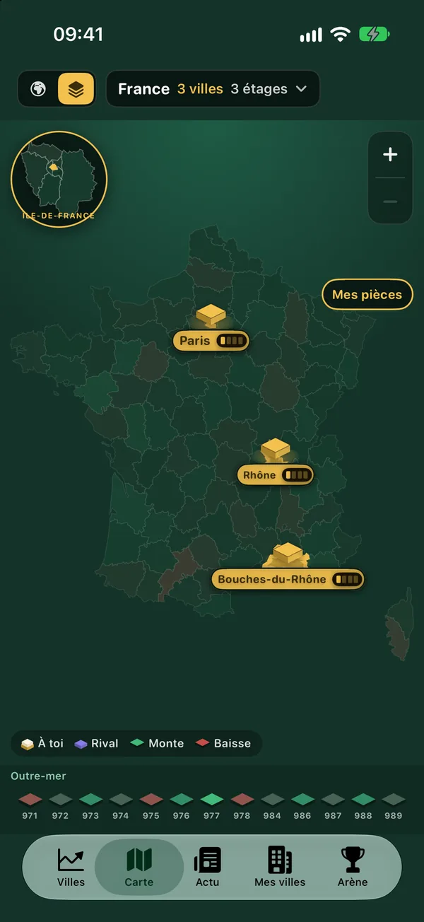 France cut into its 96 departments, tinted by today’s trend; Paris, Rhône and Bouches-du-Rhône in gold with their pieces, a loupe on Île-de-France and the overseas strip